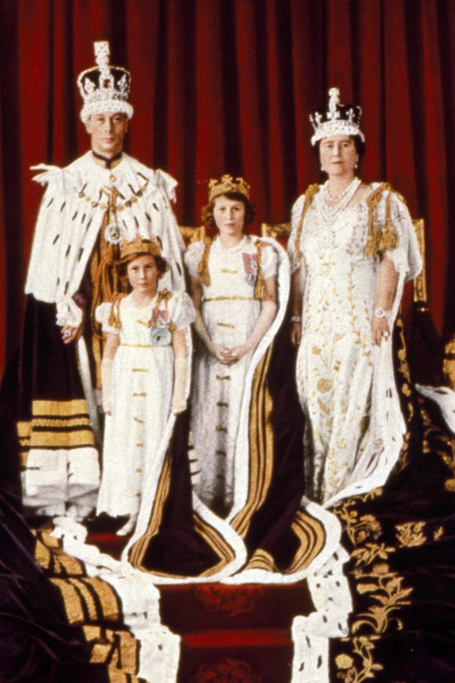 The royal family, King George VI, Princess Margaret, Princess Elizabeth and Queen Elizabeth, on coronation day in 1937