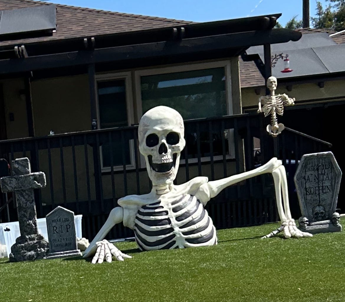 Giant skeleton and gravestones in the Faux Jean's neighbor's yard.