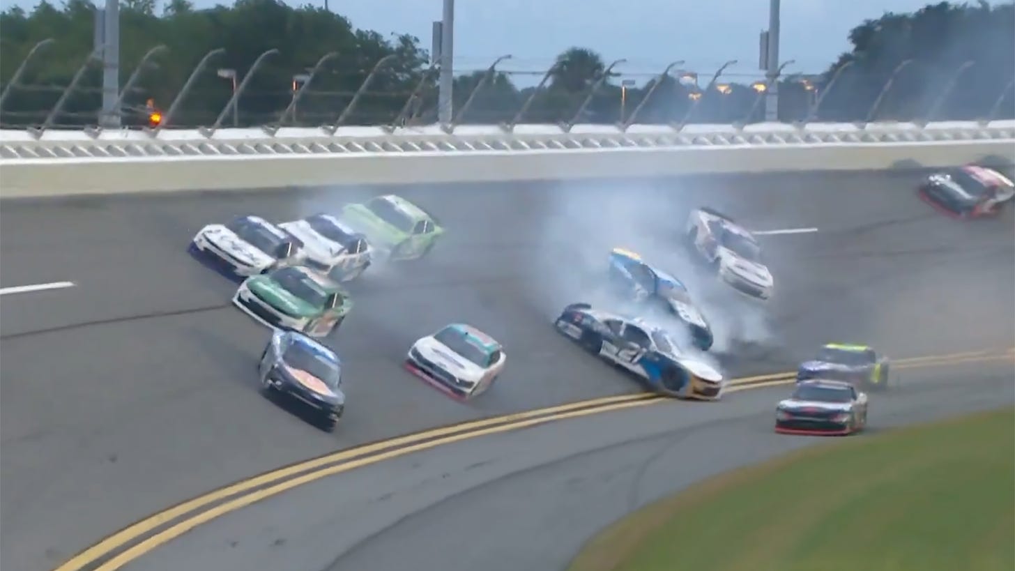 Austin Hill crash lap 1 multi car crash Wawa 250 at Daytona video 2024