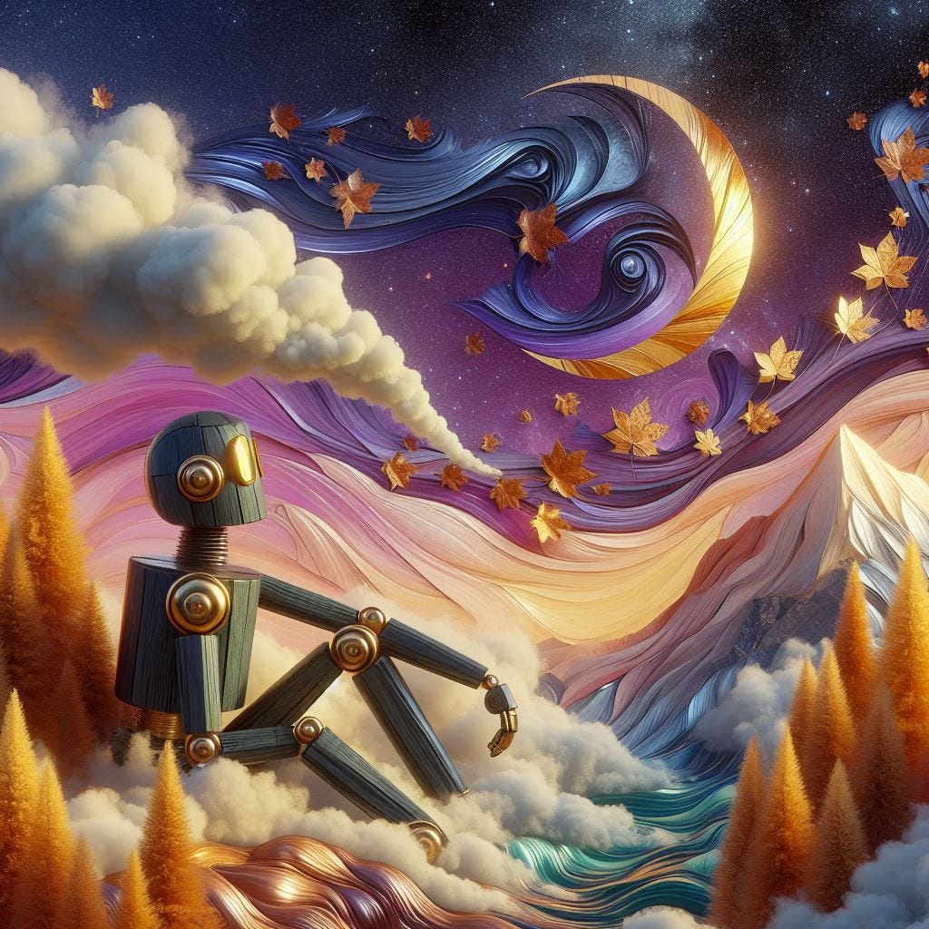  5d angle glass leaf with with a small fire in it over image of  Birchwood/rosewood burnished metal robot modeling angst for camera. His clothes are made of black and purple starry night/ water in resin/soft, beautiful/honey-wood and copper/Marquetry,verdigris. mountain / fluffy cloud floating low in foreground / honey-gold-swirl/surrounded by copper leaves.REFLECTED/ Inspired by style of Jeffrey Catherine Jones /swirling clouds under moon.black starry sky / love/ bliss