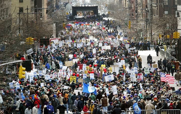 Between 400,000 and 500,000 protesters gathered to oppose the invasion of Iraq in New York City on Feb. 15, 2003.