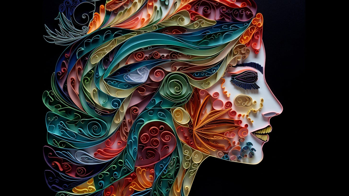 Paper quilling portrait of a captivating face, masterfully crafted using intricate quilled paper strips to form facial contours, expressive eyes, and delicate features, subtle gradients of color capturing the play of light and shadow on the visage, emotive expression conveyed through the artful arrangement of quilled elements, harmonious fusion of human likeness and the tactile beauty of paper art, a striking and unforgettable piece, 8k
