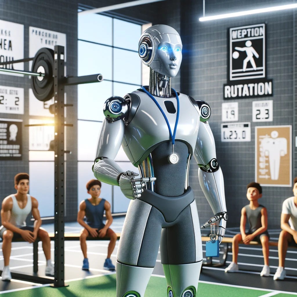 A humanoid robot with a sleek silver design, giving the impression of being an advanced AI, is depicted as a sports coach in a gym setting. The robot has a friendly, approachable face with glowing blue eyes that convey intelligence and awareness. It is dressed in sporty attire, including a whistle around its neck, a coach's clipboard in hand, and a timer clipped to its waist. The gym is equipped with various workout stations and there are motivational posters on the wall. The robot coach is demonstrating a proper lifting technique to a small group of diverse individuals who are attentively watching and learning.
