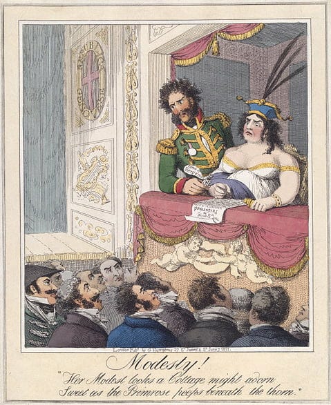 Caroline of Brunswick, wife of King George IV, at a theatre in Genoa, with her secretary and constant companion Bartolomeo Pergami.