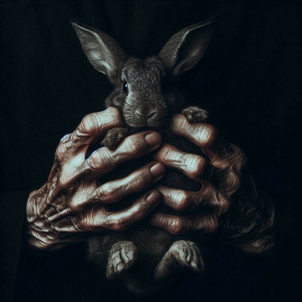 a SUBLTE and evocative but dark but not scary image of the hands of old hands holding a rabbit