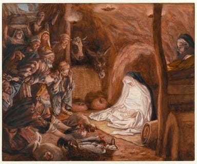 James Tissot (Nantes, France, 1836–1902, Chenecey–Buillon, France). <em>The Adoration of the Shepherds (L'adoration des bergers)</em>, 1886–1894. Opaque watercolor on gray wove paper, Image: 6 1/2 x 8 in. (16.5 x 20.3 cm). Brooklyn Museum, Purchased by public subscription, 00.159.26 (Photo: Brooklyn Museum, 00.159.26_PS1.jpg)
