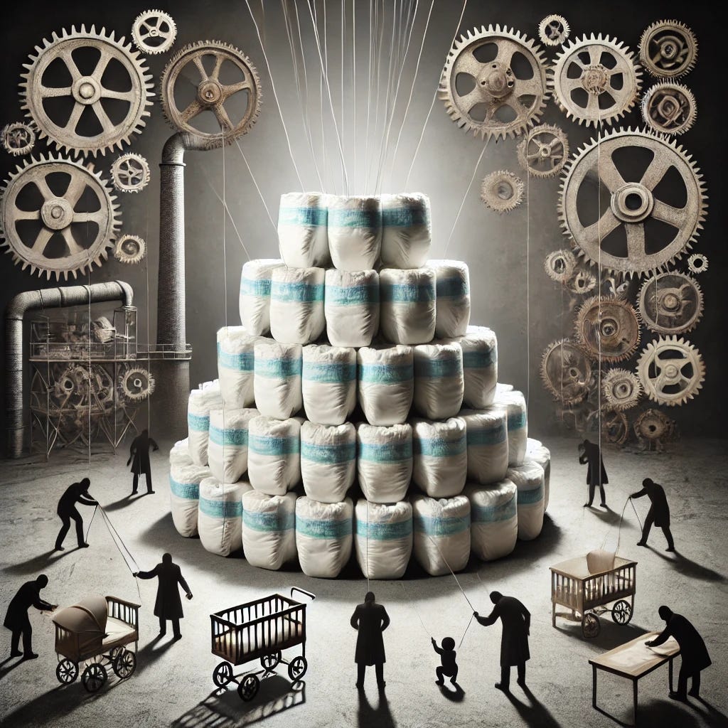 A creative and surreal image focusing on diapers and social engineering. Show a large stack of diapers forming a central structure, with various gears and machinery around it symbolizing manipulation and control. Shadowy figures in the background should be seen pulling strings or operating the machinery, representing the social engineers. The overall atmosphere should be dark and thought-provoking, with elements that highlight the influence of the diaper industry on societal behavior and norms. The scene should blend elements of a nursery and a factory, creating a stark contrast between innocence and control.