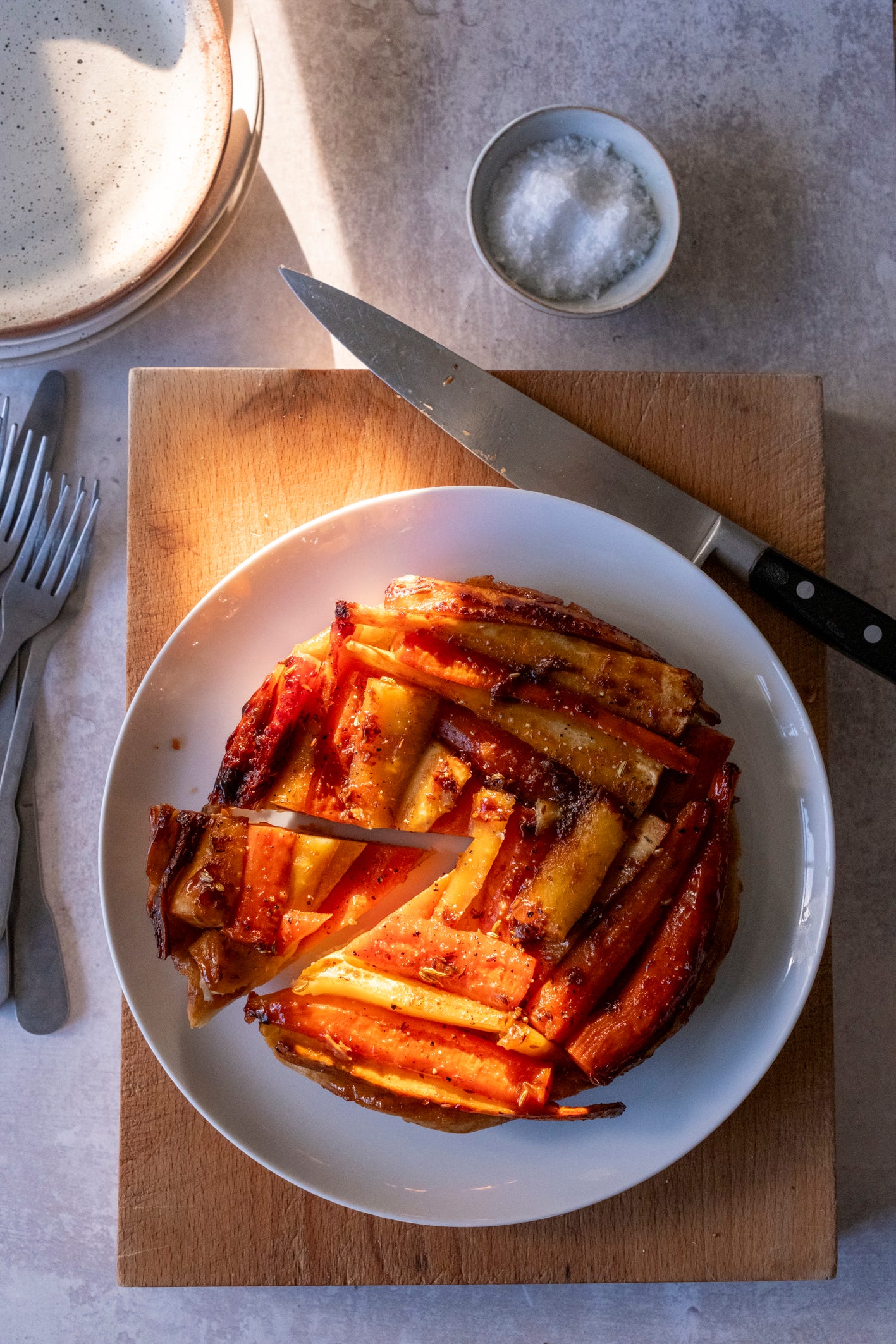 Parsnip and carrot maple-miso tart tatin