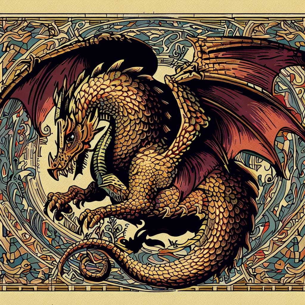 dragon illustrated in a medieval style like in a tapestry