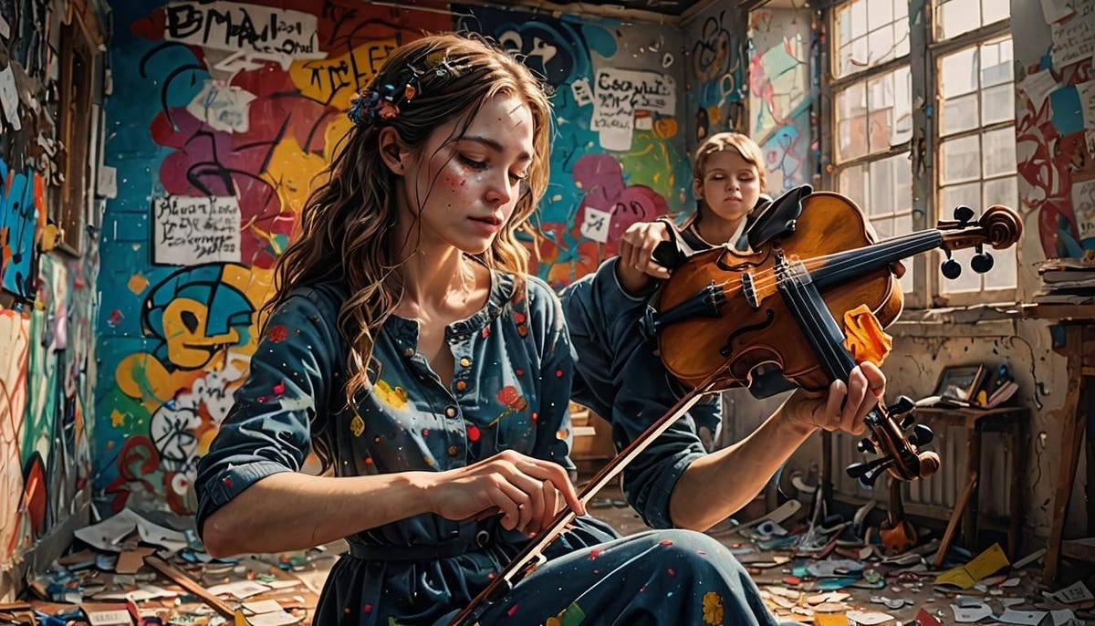 Children, in graffiti-ridden studio, playing string instruments