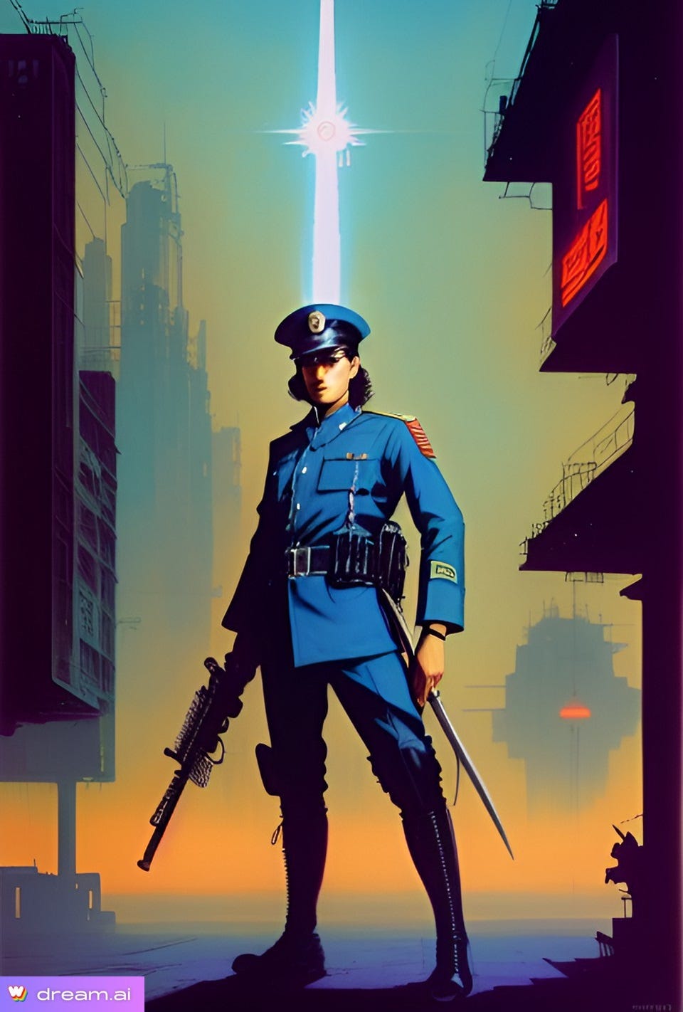 A guard of the Moralista Order poses in dress uniform on a futuristic city street under a divine light.