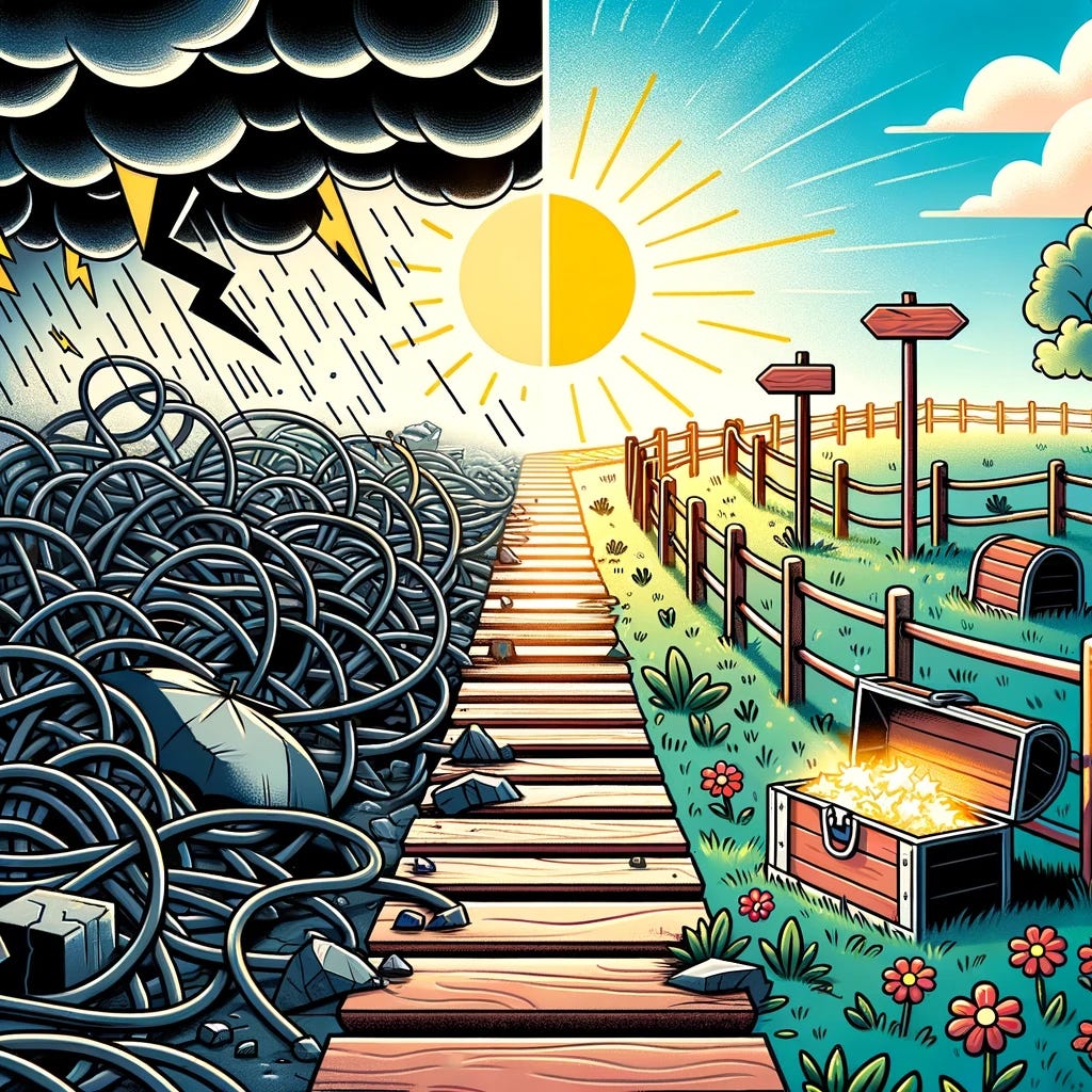 Illustration of two contrasting paths. The left path is chaotic with hurdles, tangled wires, and storm clouds. The right path is clear, organized, and sunny, leading to a treasure chest.
