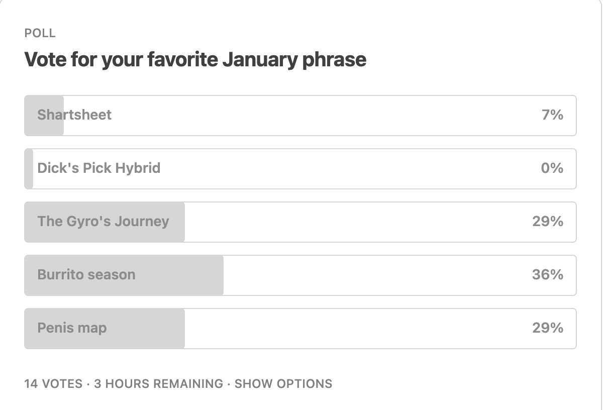 A screenshot of the January phrase poll showing Burrito Season having 36% of the vote