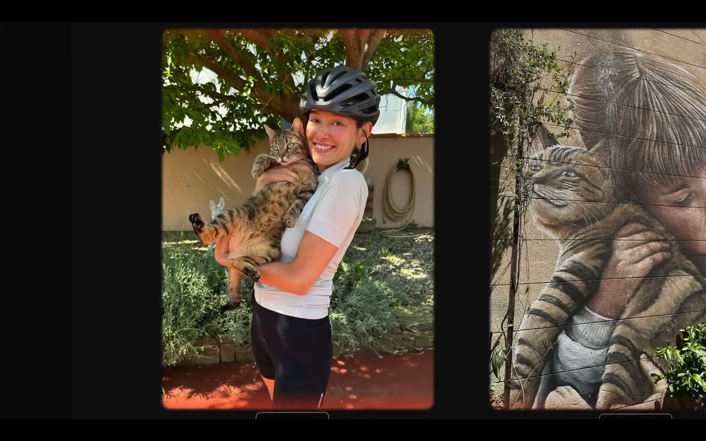 Jeune femme cycliste avec un chat dans les bras