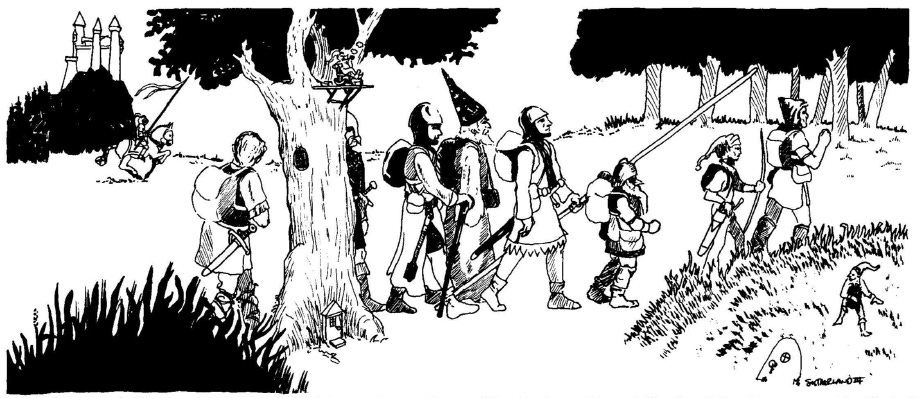 A part of adventurers travels through a lightly wooded area inhabited by tiny fairies. A fairy door is shown on the side of a small grassy mound while another is at the base of a tree. A fairy sits on a platform atop the tree smoking a pipe. A knight galloping on horseback and a castle can be seen in the background