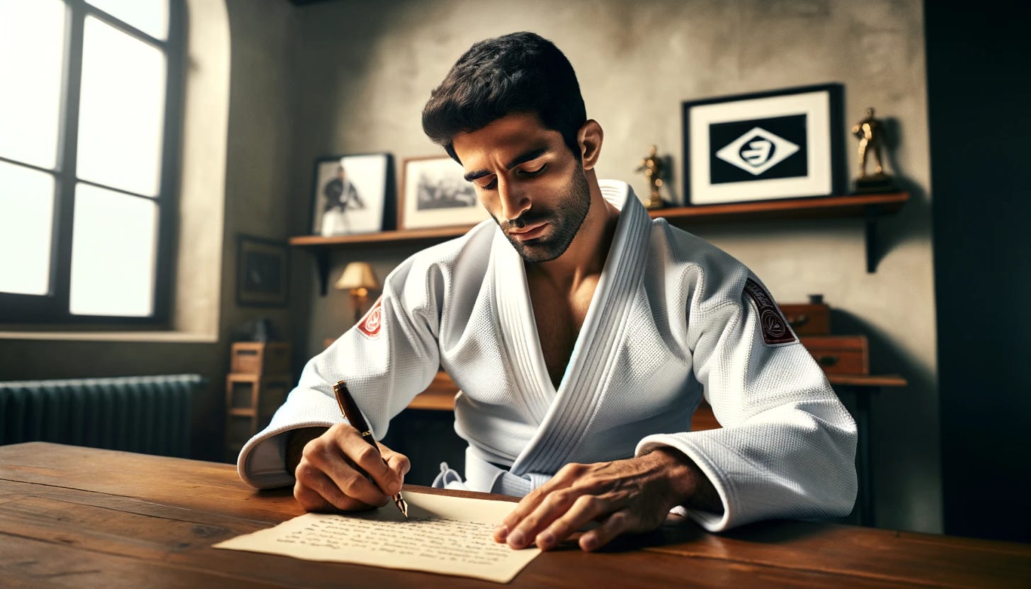 A man of Middle-Eastern descent wearing a white Brazilian jiu-jitsu gi and a matching white belt. He is seated at a wooden desk in a well-lit, minimalist room. The man is intently focused, writing a manifesto with a classic fountain pen on parchment paper. The room has a few Brazilian jiu-jitsu themed decorations, like framed photographs of famous practitioners on the walls and a pair of jiu-jitsu trophies on a shelf. The man's expression is one of deep concentration and dedication to his task.