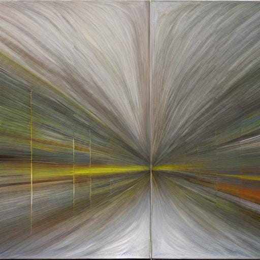 Abstract painting with gold, orange, green, and muted colors receding to a vanishing point.