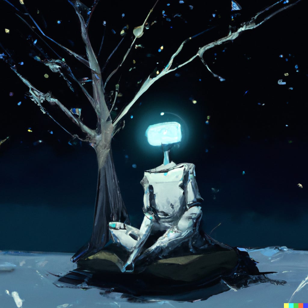 “a robot sitting under the night sky hallucinating, digital art” / DALL-E