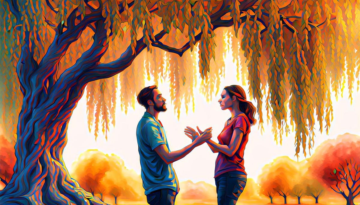 Two lovers standing beneath a tree, communicating in sign language