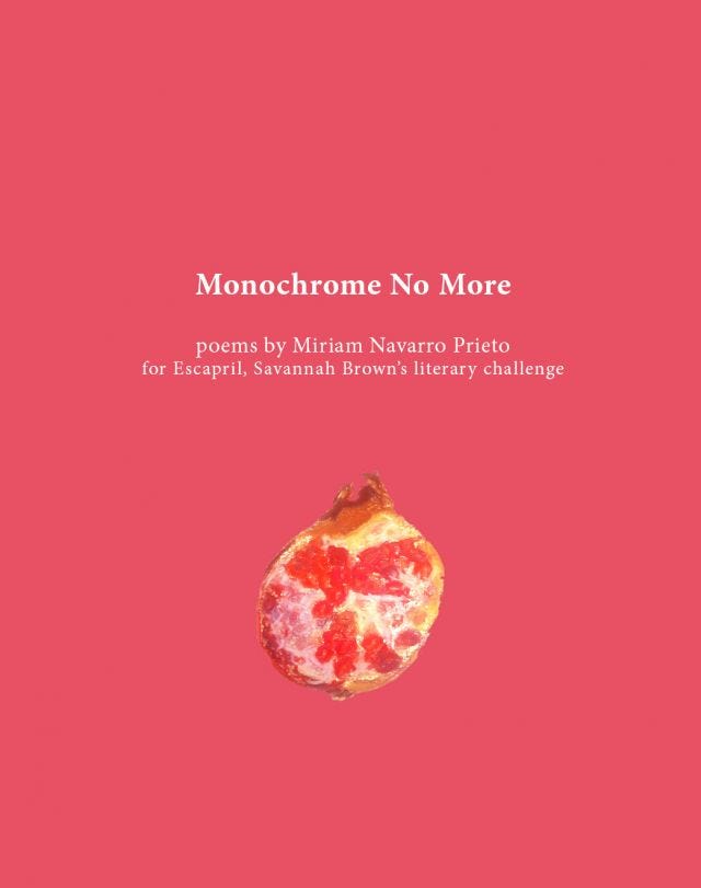 Cover for the poem collection Monochrome No More, with a pink background and a drawing of a pomegranate.