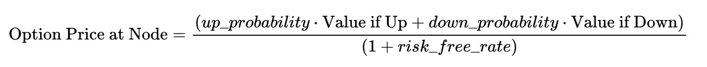 calculation of option price at a node of a binomial pricing tree