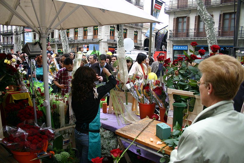 File:Spain.Barcelona.Diada.Sant.Jordi.Ramblas.06.Florista.JPG