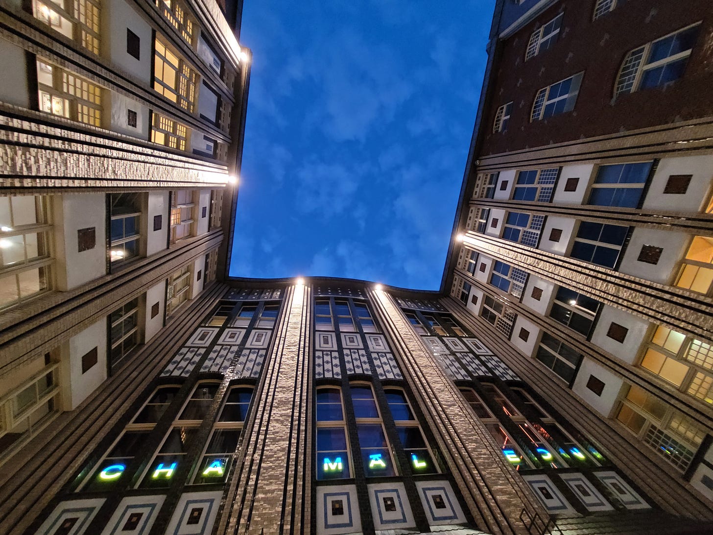 Looking up at buildings surrounding a square