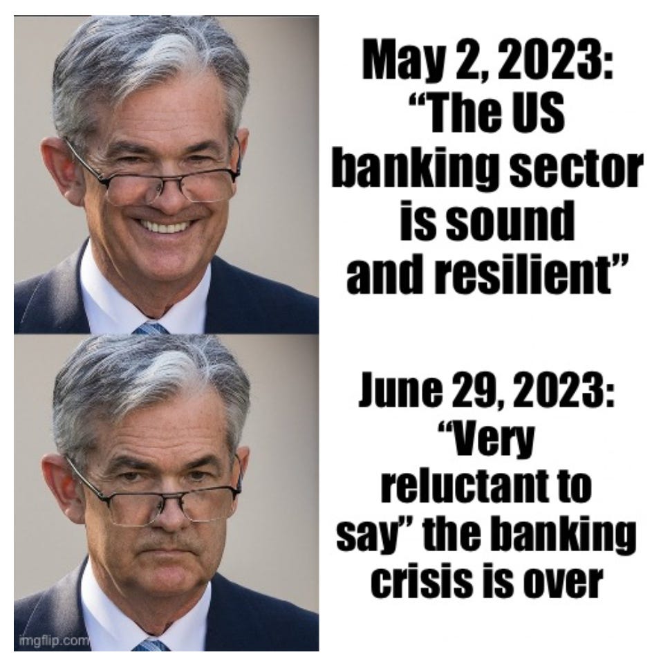 Meme of Jerome Powell double-speak on bank crisis
