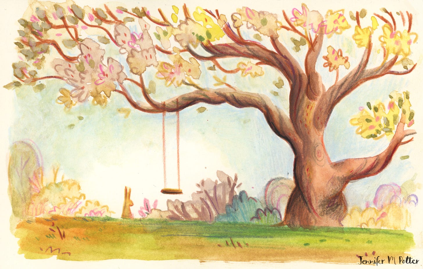 Illustration by Jennifer M Potter of a meadow with a tree and a rope swing