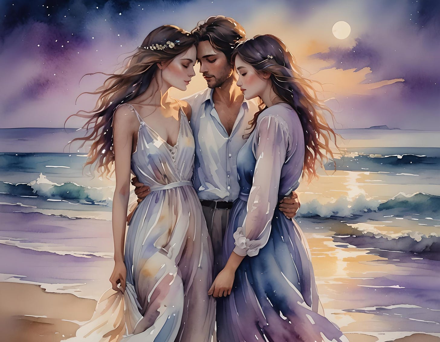 A handsome man embraces two comely women on the shore of a romantic sea.