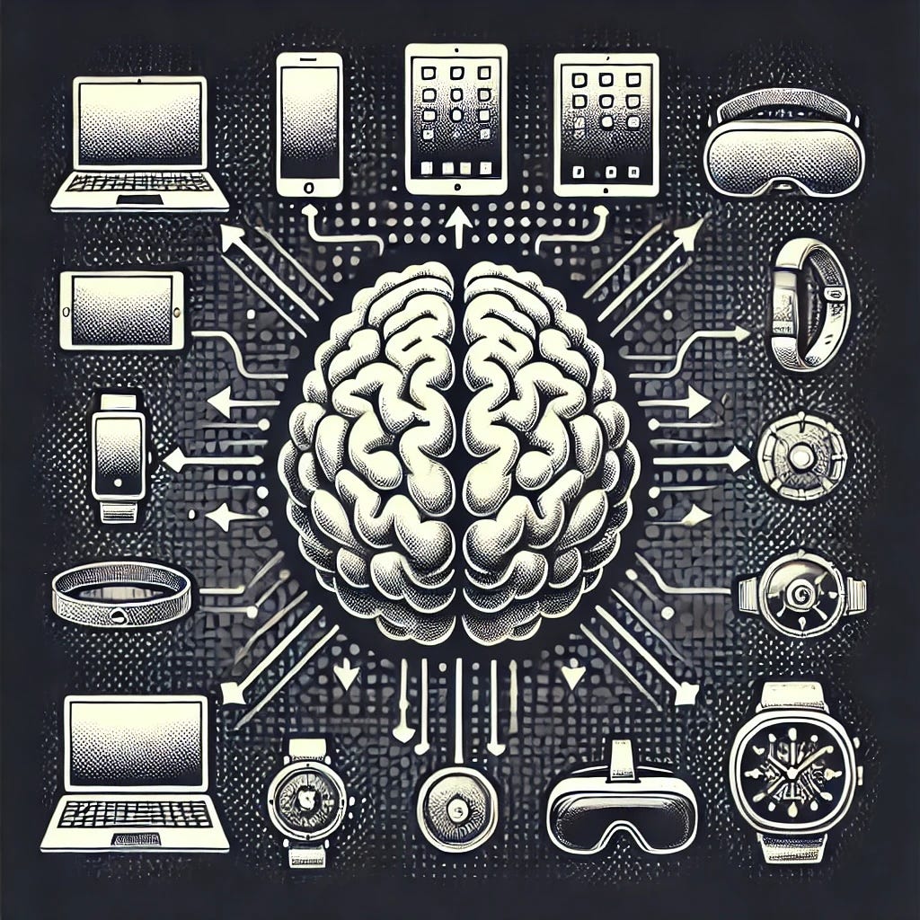 A black-and-white digital illustration featuring a human brain at the center, surrounded by a variety of electronic devices, including laptops, smartphones, tablets, smartwatches, VR headsets, and other wearable tech. Arrows point outward and inward between the brain and each device, symbolizing a flow of information and interaction. The visual conveys the concept of technology augmenting human cognition and the interconnectedness of various digital tools.