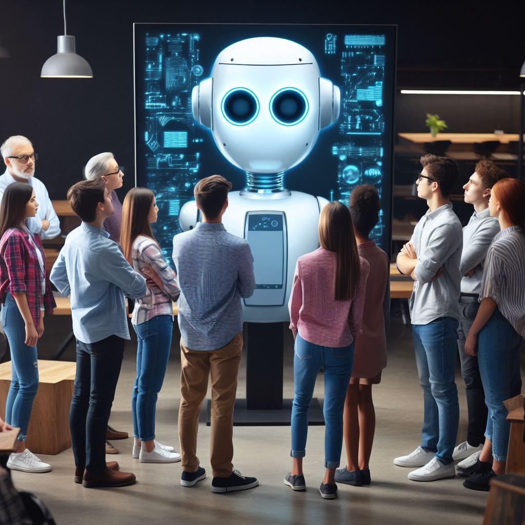 A photorealistic image of a bunch of students and adults with their backs to the viewer looking at a giant monitor with a robot on the screen looking back at them