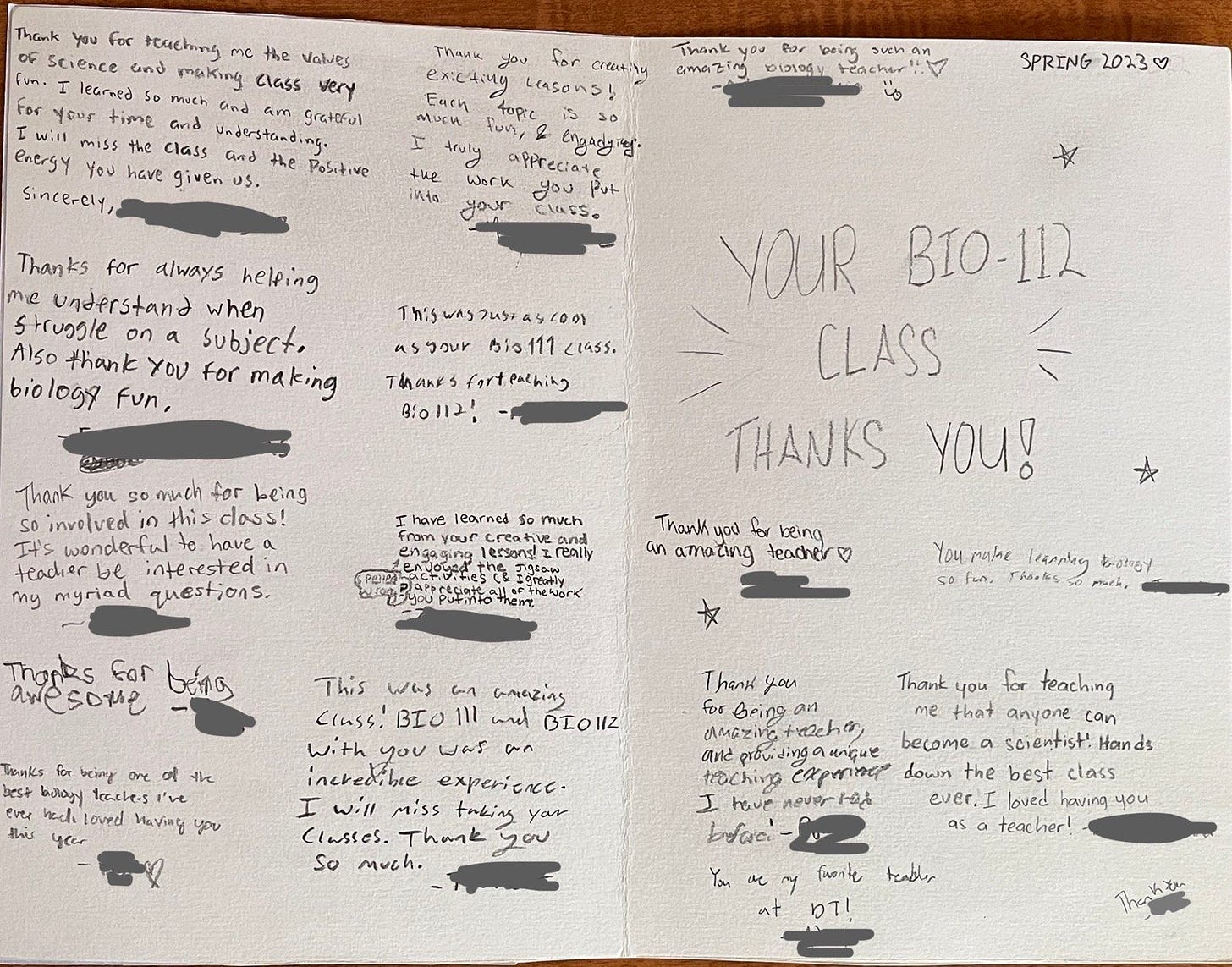 Image of the inside of the handwritten card my students presented to me at the end of the semester. Each student wrote a short note of thanks.