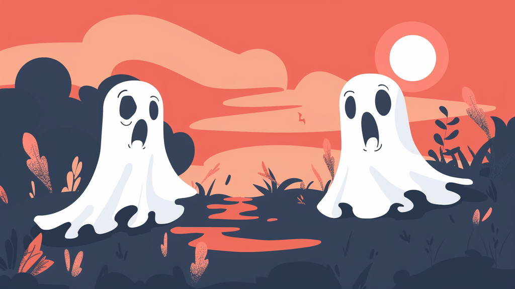 Clipart featuring two sad ghosts, one slightly larger than the other.
