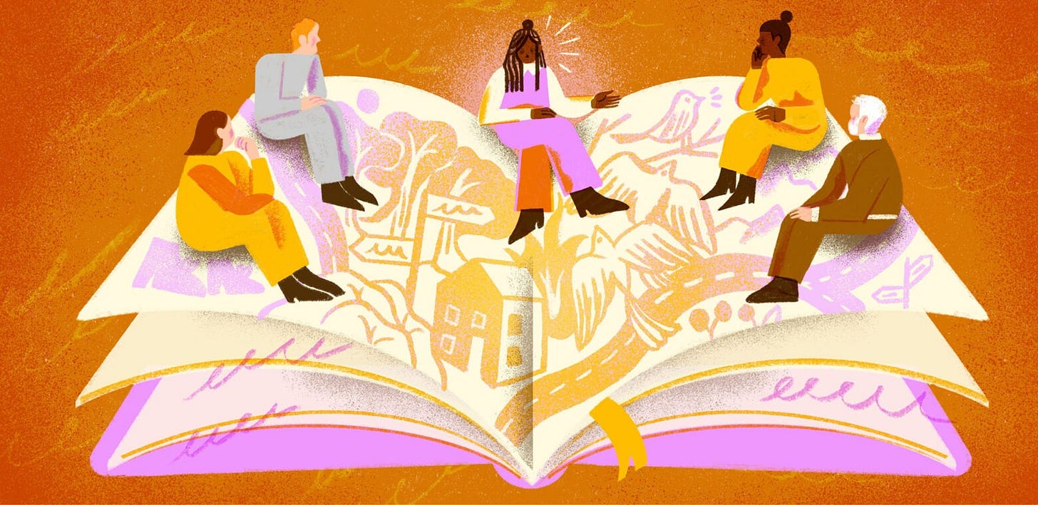 An illustration of an open book with illustrated pages. Tiny people sit in a circle as though they have emerged from the book and are seated on it, telling the story.