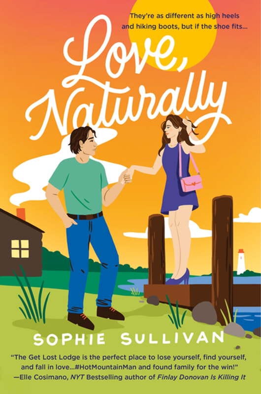 Picture of cover for Love, Naturally by Sophie Sullivan, which shows a woman in a purple dress and purple pumps on a dock and a man holding her hand as if to help her down