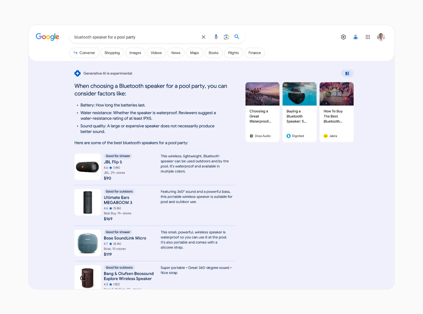 A screenshot of the generative AI experience coming soon to search. In this example from Google, the search engine is returning results for "bluetooth speaker for a pool party." Image courtesy of Google.