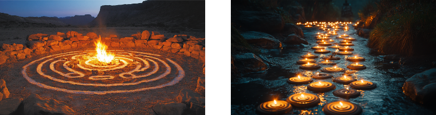 Two images showcasing fire-lit ceremonial setups in natural landscapes. The left image shows a circular labyrinth of concentric rings drawn in sand with a large fire burning at its center, surrounded by stones, set against a mountainous desert backdrop at dusk. The right image depicts a stream lined with small floating candles, illuminating the water's surface with warm, flickering light, creating a tranquil, meditative atmosphere in a lush, forested setting.