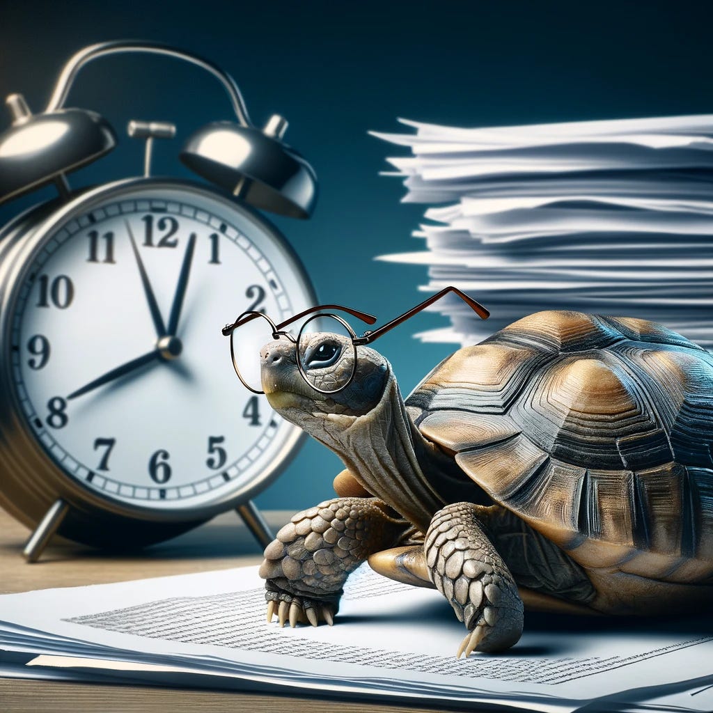 A thoughtful tortoise in an office setting, slowly moving towards a stack of papers and a clock showing it's almost midnight. The scene reflects the concept of delayed decisions and the impact of timing in management. The tortoise wears a small, sophisticated pair of glasses, symbolizing wisdom and caution in leadership decisions.