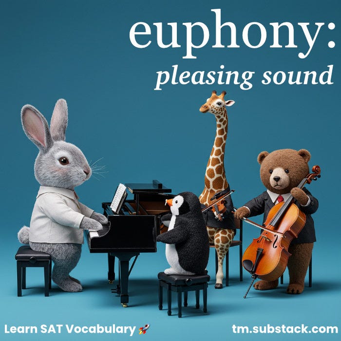 Illustration of cute animals playing musical instruments in an orchestra; used to illustrate the SAT word 'euphony'.