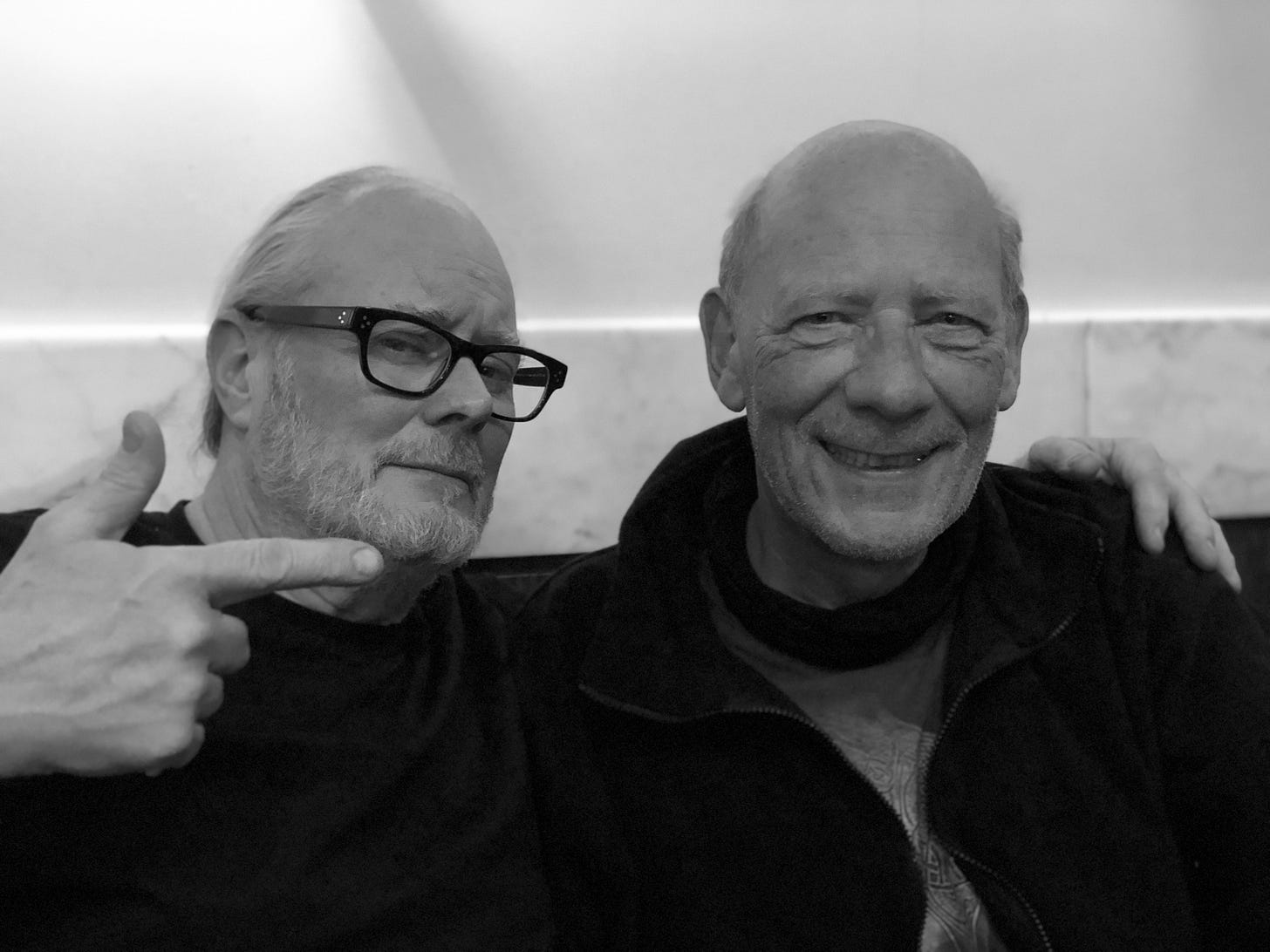 Simon Campbell picture in a London restaurant with legendary recording engineer, Phill Brown. Picture by Suzy Starlite.