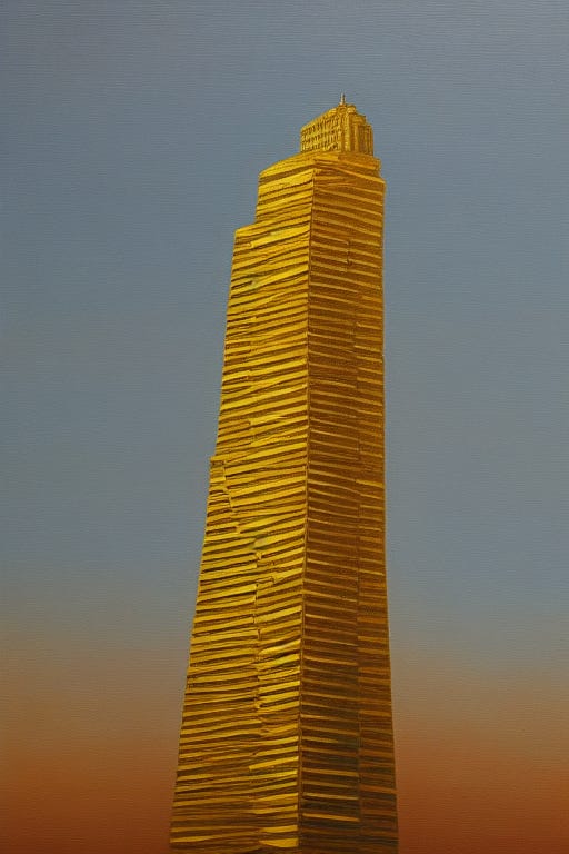 A golden tower or skyscraper stands alone against a sky which shades from blue at the top to a sunset orange at the bottom