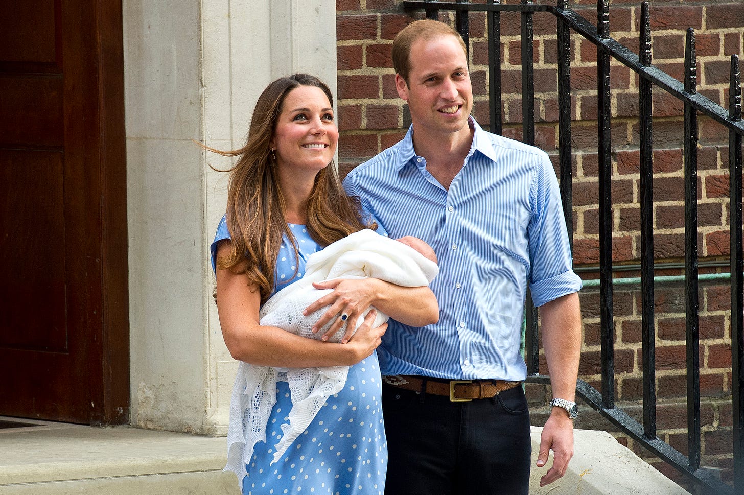 William and Kate with baby George outside the Lindo wing.