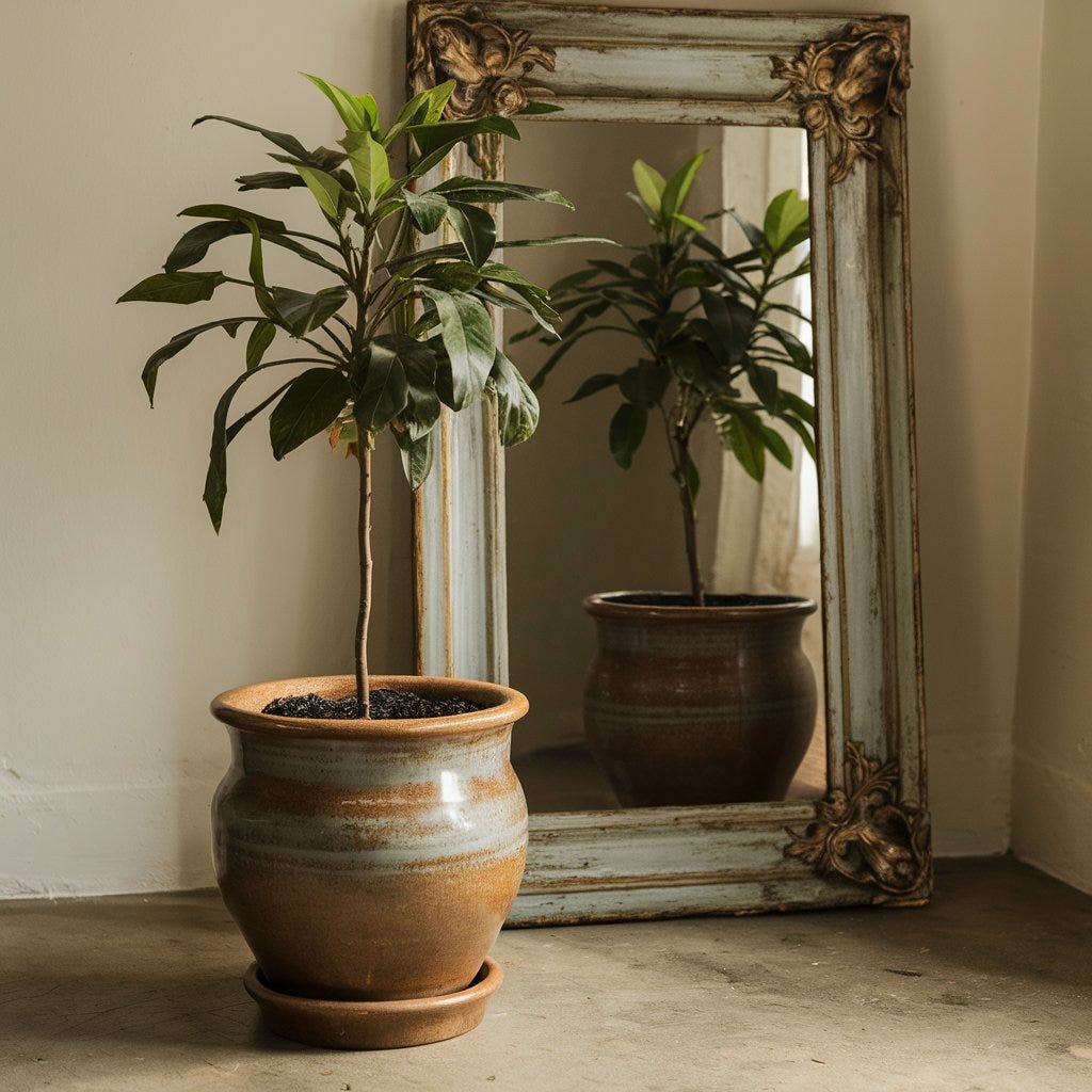 photorealistic illustration of a potted sapling tree in front of a large ornate mirror leaning against a wall