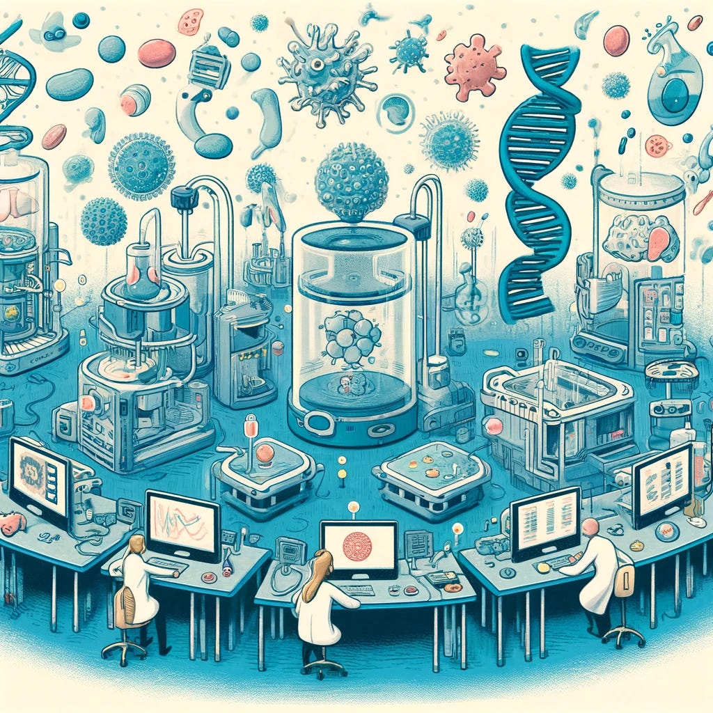 A whimsical illustration depicting a laboratory of the future where bioengineering merges with digital technology. The scene shows scientists using advanced 3D printers to create living tissues and organs, depicted in a storybook style with exaggerated, curved lines. The laboratory is filled with floating symbols of DNA and cells, emphasizing a sense of innovation and curiosity. The color palette includes blue (#2D6DF6), dark blue (#0033A0), white (#FFFFFF), teal (#00AEC7), and yellow (#E3E829), aiming to capture attention and stimulate the viewer's imagination, with no text.