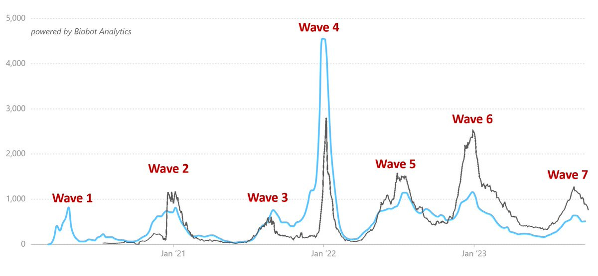 Graph of biobot and verily wastewater data. Both show similarly timed waves but vary in magnitude. 