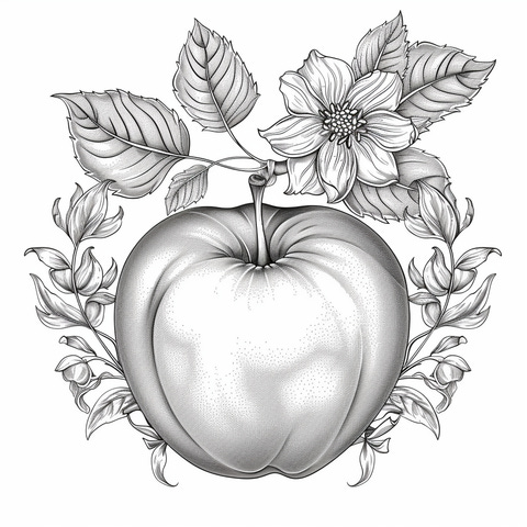 A very beautiful apple surrounded with flowers in a coloring page from a coloring subscrtiption plan.