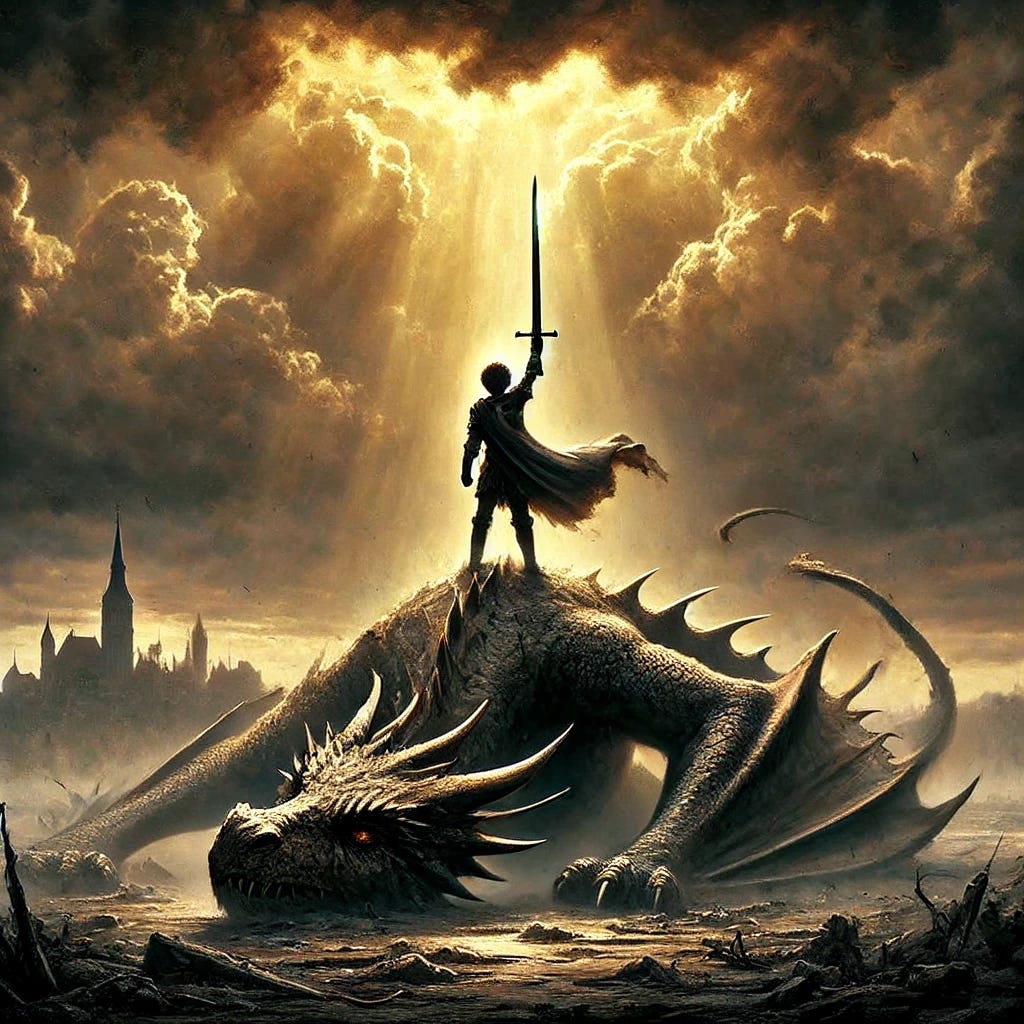 A dramatic painting of a young knight standing victorious over a massive slain dragon. The knight, sword raised high, stands atop the fallen beast, exuding unwavering confidence. The battlefield, once scorched and dark, is now illuminated by golden sunlight breaking through the parting storm clouds, symbolizing triumph and renewal. The town’s silhouette remains in the background, representing what has been saved. The dragon’s lifeless form lies beneath the knight, its once fiery breath extinguished. The scene captures the essence of victory, resilience, and the conquering of inner demons.