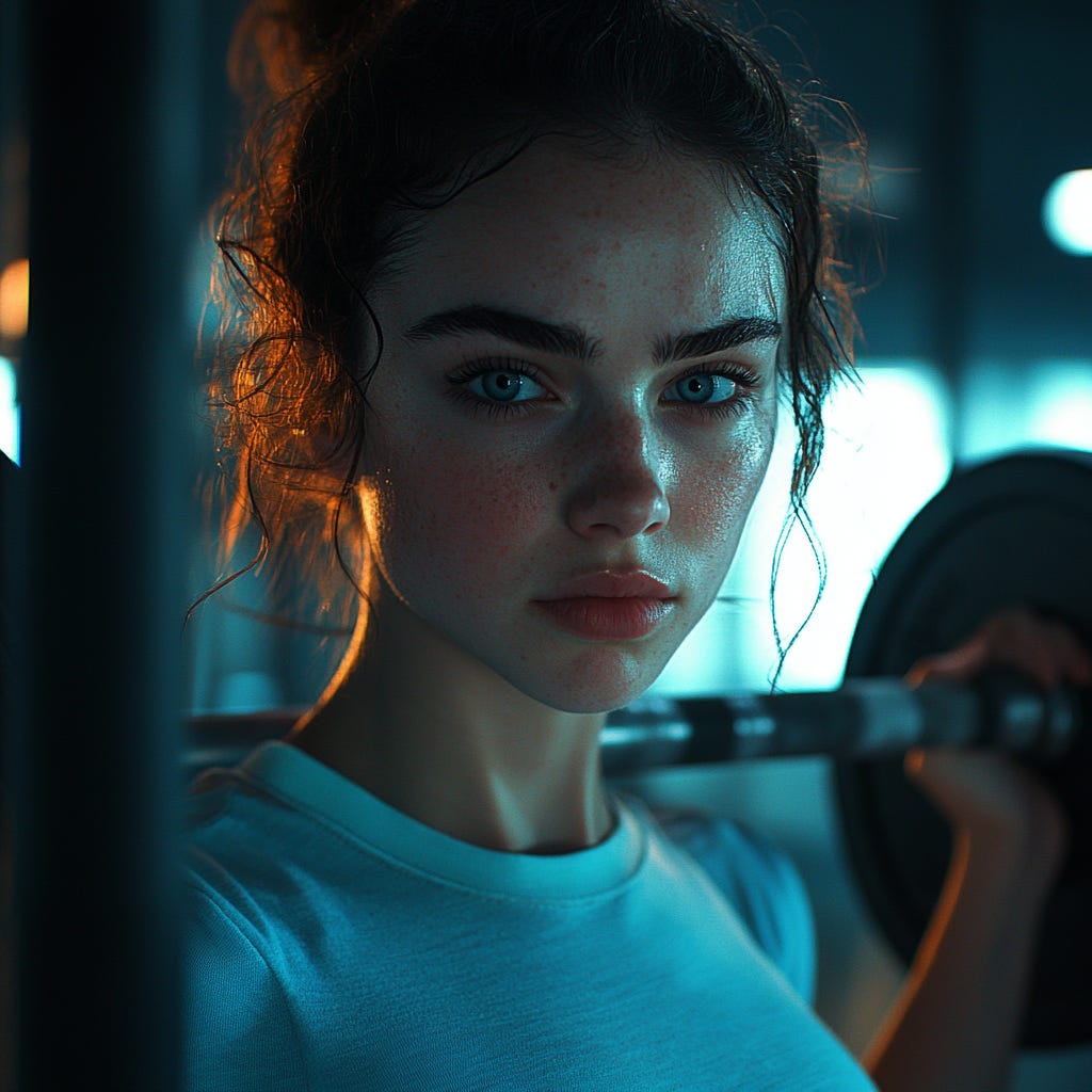 Fit young woman looking confused during barbell back squats in a dark gym with light blue fluorescent lighting.