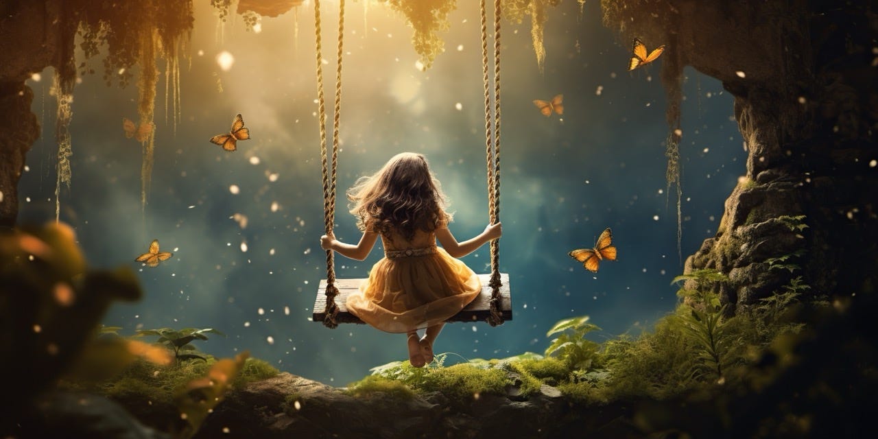 Girl on a swing in a dreamy forest